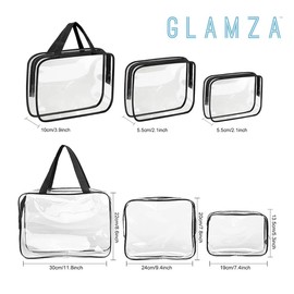 Clear Travel Toiletries Bag Set GLAMZA® Travel Toiletry Bag Set of 6 PVC Bags for Men & Women - Inc x2 Small, x2 Medium & x2 Large - Ideal Wash Bag Set for Cosmetics, Make Up & Toiletries (Black)
