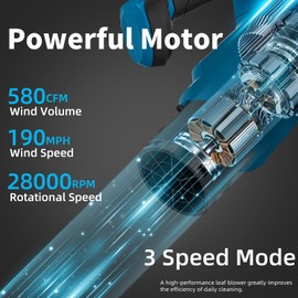 Supazo Leaf Blower Cordless with 2 Battery and Charger, 580CFM/190MPH/28000RPM Lightweight Handheld Snow Dust 21V 3 Speed Modes Electric Blower for Lawn Care Patio Yard