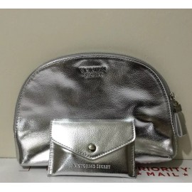 VICTORIA'S SECRET SILVER METALLIC MAKEUP BAG TRAVEL CASE POUCH BAG WITH MIRROR