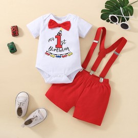 vivifayee Baby Boy First Birthday Outfit Short Sleeve Bowtie Rompers Shorts Set with Suspenders One Year Old Birthday Clothes