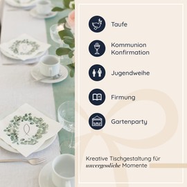 100% Mosel Servietten, 20 Stück (33 x 33 cm), Motiv Eukalyptus Kranz & Fisch, edle Tischdeko für Taufe, Kommunion, Konfirmation, Jugendweihe und Firmung
