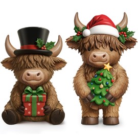 Simgoing 2 Pack Christmas Highland Cow Figurines Highland Cow Statues with Santa Hat Resin Xmas Figurine Merry Christmas Table Decoration for Winter Holiday Farmhouse Tiered Tray Garden Home Gift
