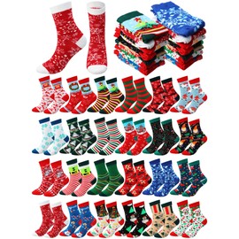 Shinymoon 24 Pairs Christmas Socks Bulk Cozy Xmas Crew Socks Crazy Novelty Holiday Sock Gifts for Women Men(Vivid)