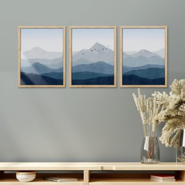 SIGNWIN Framed Blue Mountain Wall Art, Set of 3 Range Bird Sky Landscape Wall Decor Prints, Nature Wilderness Wall Décor for Living Room, Bedroom - 11"x14" Natural