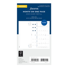 Filofax Calendar Diary Refill, Personal/Compact Size, Month on One Page with Notes, Horizontal, White Paper, English, 2025 (C68405-25)
