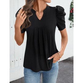 Bashafo Black Shirts for Women Summer Short Sleeve Tops V Neck Casual Puff T-Shirts Basic Cute Tops for Women Casual Elegant L