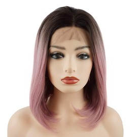 Meiyite Hair Straight Short 12inch Dark Root Pink Ombre Heavy Density Realistic Heat Resistant Synthetic Lace Front Wig