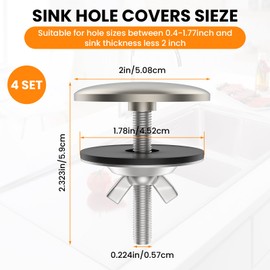 4 Pcs 2 Inch Kitchen Sink Hole Covers, Stainless Steel Faucet Sealed Plug Cover, Wash Basin Sink Tap Hole Plate Sealing Stopper Cap Decoration, Blanking Metal Plug for Leakage Prevention (Silver)