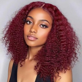 Curly BOB Wig Human Hair 220 Density 13x4 HD Lace Front Deep Wave Wigs for Black Women 99J Glueless Colored Pre Plucked Deep Wave Wet and Wavy Glueless Wigs Human Hair Burgundy 12 Inch