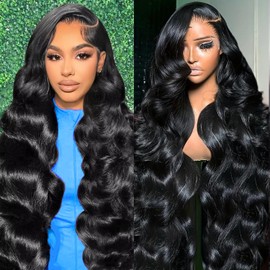 LUCLUEME 38 Inch 13X6 Lace Front Wigs Human Hair Body Wave Lace Front Wigs Human Hair 200 Density HD Frontal Wigs Human Hair Glueless Wigs for Women Natural Black