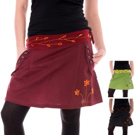Vishes - Alternative Clothing - Embroidered Cotton Skirt with Flowers, claret