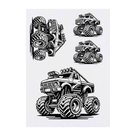 4 x 'Monster Truck' Temporary Tattoos - Water Resistant, Skin-Safe, Non-Toxic Transfers, Mixed Sizes (TO00074180)