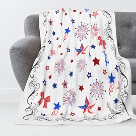 Luxury Plush 4th of July Patriotic Blanket Stars Fireworks Flower Independence Day Throw Blanket for Couch,Lightweight Soft and Warm Throws Blankets for Sofa Bed Living Room in Spring 80"x60"