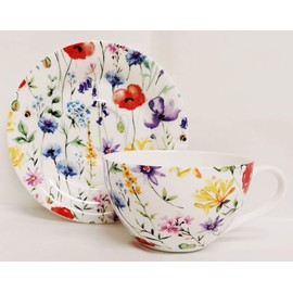 Wildflowers Meadow Breakfast Cup & Saucer Fine Bone China Set Hand Decorated in UK