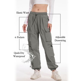 Womens Baggy Parachute Pants Women Quick Dry Joggers Waterproof Lightweight Tactical Hiking Pants with 6 Pockets Elastic Waist Water-Resistant Rave Grey