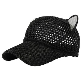 White Fang CZA324 Women's Cat Ear Cap, Mesh Hat, Cute Design, Stylish, Sunscreen, Black