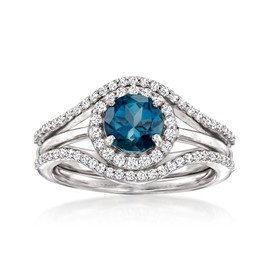 Ross-Simons 1.10 Carat London Blue Topaz and .50 ct. t.w. White Topaz Jewelry Set: Ring and Ring Guard in Sterling Silver. Size 6