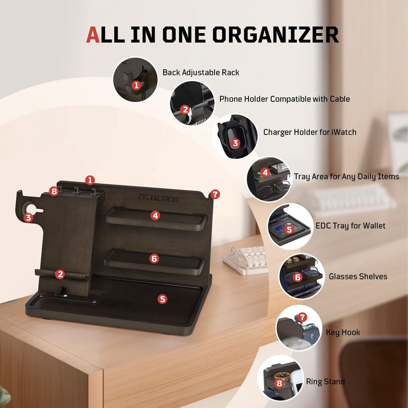 1TG Tactical Nightstand Organizer, Wood Phone Docking Station, Bedside Desk