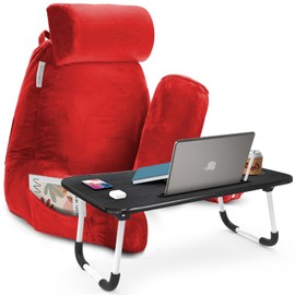Clara Clark Reading Pillow with Portable Lap Desk for Laptop Set, Back Pillow for Sitting Up in Bed, Memory Foam Back Support Pillow, Bed Rest Pillow with Foldable Laptop Desk, Large - Red