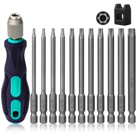 Hakkin 12-Piece Torx Screwdriver Set 1/4 Inch 100 mm Torx Bit Set Long with Hole S2 Electric Screwdriver Bit Set for Cordless Screwdriver T6/T7/T8/T9/T10/T15/T20/T25/T27/T30/T40 Star Screwdriver