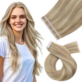 Moresoo Tape-In Hair Extensions Remy Human Hair 16 Inch Dark Honey Blonde with Medium Blonde 10pcs/25g #P16/22