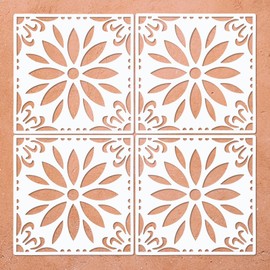 Floor Tile Stencils Reusable Concrete Floor Stencil Mandala Stencil Sunflower Stencil for Painting Floors, Tiles, Walkway, Patio, Porch, Concrete Floor, 4-Pack, 8" x 8"
