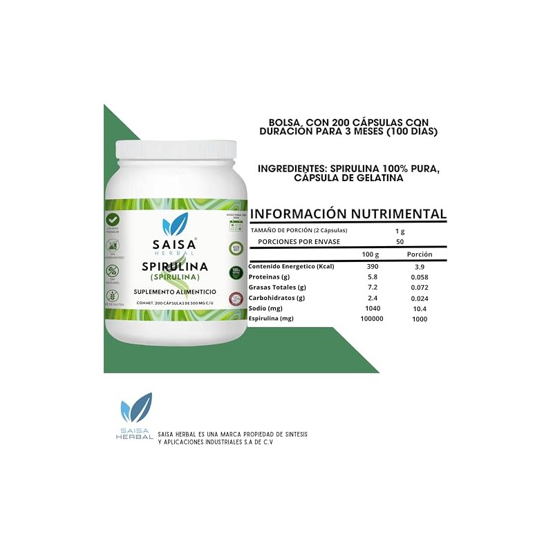 Alga Spirulina 100 Pura Bolsa Con 200 Cápsulas.