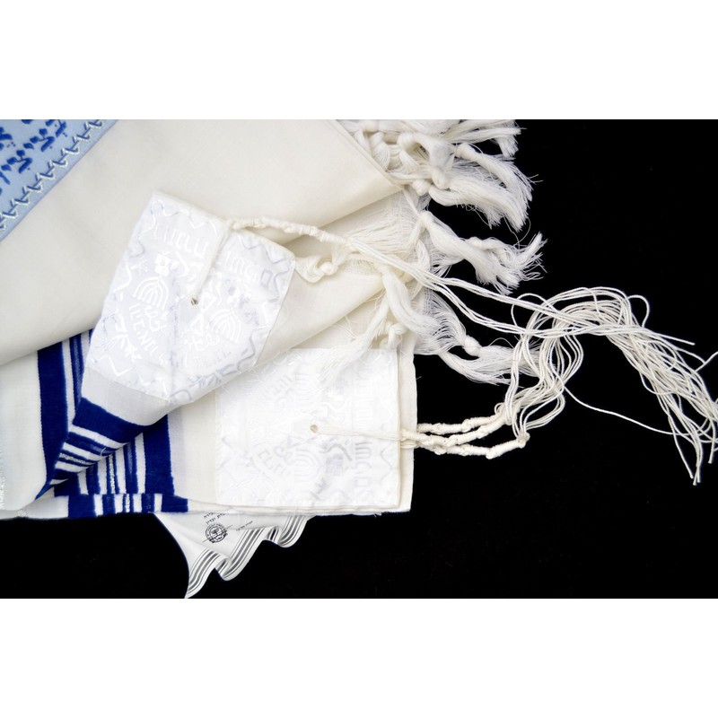 Kosher Tallit Prayer Shawl 100% Wool 43x63"/110x160cm Israel.blue&silver Stripes N-45