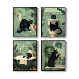 Framed Funny Cat Bathroom Wall Art, 4 Piece Funny Green Tropical Botanical Animals Artworks, Fun Cute Black Cat Canvas Painting Prints for Restroom Washroom Toilet Wall Decor 11x14 In