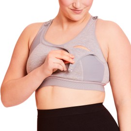 Wireless Nursing Sports Bra High Impact Support Nursing Bra by La Leche League - Grey/Pink, 3X