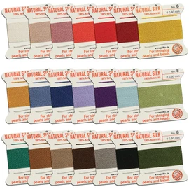 Griffin Silk Bead Cord Perlseide – Size 8 (0.80mm) 21 Color Sampler – 2 Meters per Card – Stainless Steel Needle Attached – for Knotting Pearls, Gemstones, Crystals and Beads