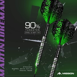 Mission Darts D0864 Martin Lukeman | 90% Tungsten Straight Barrel Pro Player Steel Tip Dart Set, Black & Green