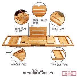 XcE Foldable Bamboo Bathtub Caddy Tray - Expandable to 41 Inches with Non-Slip Pads & Book Stand for Couples Luxury Bath