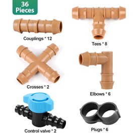 RedChili 36 Pieces Set Drip Irrigation Fittings Kit for 1/2" Tubing (.600" ID), 17mm Drip Barded Connectors with 12 Couplings, 8 Tees, 6 Elbows, 2 Cross, 2 Valves and 6 End Closure