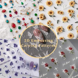 Flower Nail Art Stickers 5D Embossed Purple Floral Nail Stickers for Nail Art Self-Adhesive Nail Design Stickers 1 Sheets Nail Art Decoration Nail Supplies Accessories (1, Purple Flower)