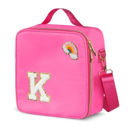 Insulated Nylon Lunch Box for Girls, Kids, and Women-Stylish (Letter 'K'),Pink Preppy Large Lunch Bag with Adjustable Strap, Tote for School, Travel, and Picnics-Ideal Preppy Stuff Choice
