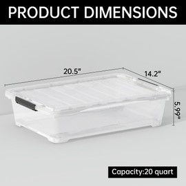 Tyminin 4 Pack 20-Quart Under Bed Storage Box with Wheels, Rolling Underbed Storage Containers Organizer with Latch Lids, Clear