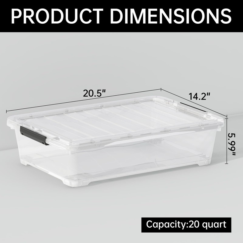 Tyminin 4 Pack 20-Quart Under Bed Storage Box with Wheels,