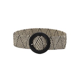 Verdusa Women's Round Buckle Elastic Straw Belts Boho Waist Belt Black Beige 90