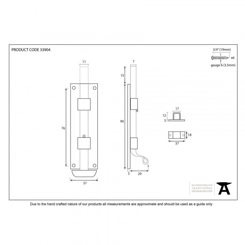Handmade Cupboard Bolt Straight 6" - Bronze