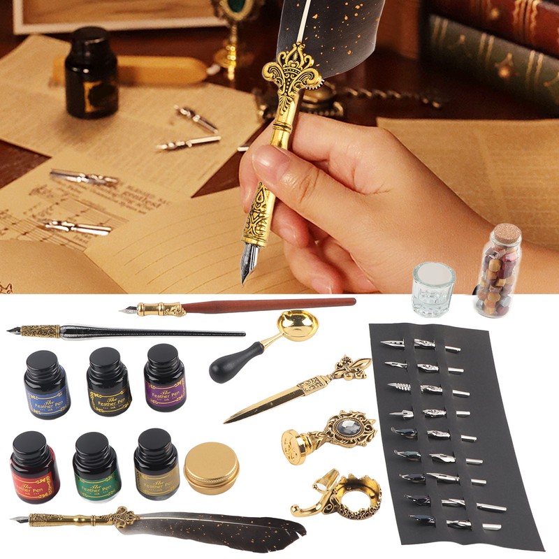 Feather Pen Set European Style British Retro Lacquer Stamp Dipped
