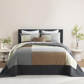 QuiltMuse Cotton Oversized King Bedspread 128x120 - Soft Lightweight Cal King Quilt with 2 Pillowcases, Farmhouse Reversible Patchwork Plaid Extra Wide Quilted Bedding Set Coverlet, Brown/Beige/Grey