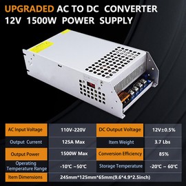 AC to DC Converter 12V 125A 1500W Power Supply,Universal SMPS 110V/120V/220V AC to DC Converter Power Supply Transformer Driver Adapter for CCTV,RV,Pump,LED Strip (DC12V-125A-1500W)