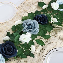 DIYDOFUN Pack of 2 Artificial Rose Garlands, 5.9 FT Flower Floral Vine for Wedding Arch Aisle Mantle Table Runner Centerpieces Backdrop Patio Decorations - Navy & Dusty Blue
