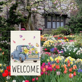Heyfibro Welcome Spring Garden Flag 12x18 Double Sided Vertical Burlap Retro Truck Floral Garden Flags Summer Butterfly Yard Flags for Seasonal Outside Outdoor Spring Summer Decoration (ONLY FLAG)
