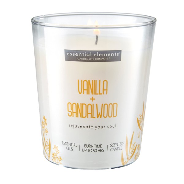 Essential Elements Vanilla and Sandalwood Scented Jar Candles, 9 oz, White, 9 Ounce