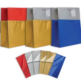 Jillson Roberts 6-Count All-Occasion Jumbo Gift Bags with Tissue Solid Color Assortment, Silver/Gold/Red/Royal