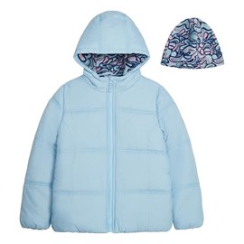 LONDON FOG Girls' Heavyweight Quilted Puffer Jacket with Fleece Beanie, Clear Sky Blue