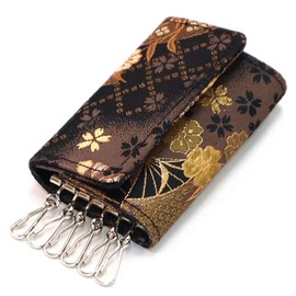 COCOLUCK Men's Key Case, Japanese Pattern, Golden Brocade, Nishijin Textile, Made in Japan, 6 Tiles, Souvenir, Gift, Black Fan