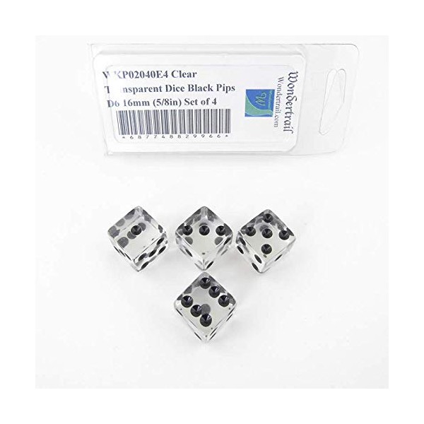 Wondertrail Clear Transparent Dice with Black Pips Square Corners D6 16mm (5/8 inch) Set of 4